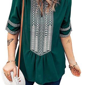 V Neck Shirt Boho Embroidered Print Short Sleeve